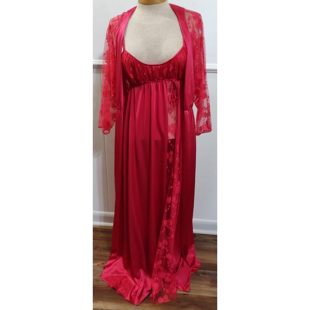Vintage Keyser Peignoir Set Red Baby Doll Lingerie Red Sexy Lace  Peek-a-boo
